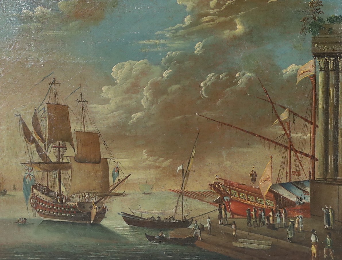 After Francesco Guardi (Italian, 1712-1793), Merchant vessels and other shipping along the shore, including an English warship and merchants barge, pair of oils on canvas, 46 x 60cm